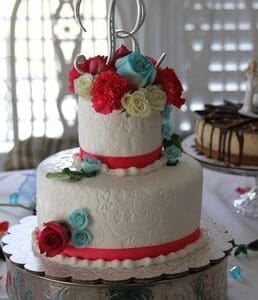 Turquoise & pink wedding cake by Beach Weddings Alabama